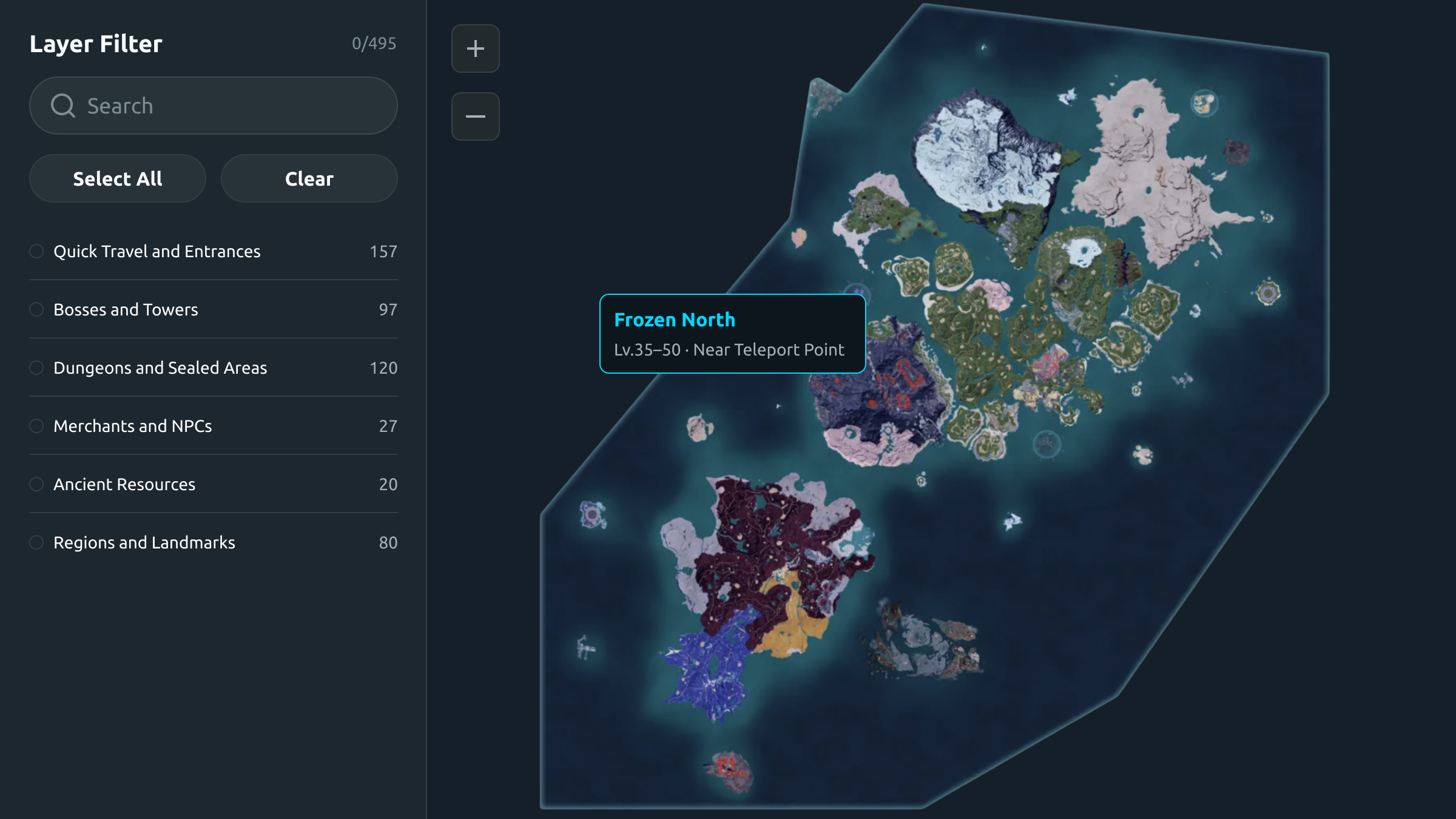 Карта Palworld с фильтром слоёв и информацией о регионе Frozen North